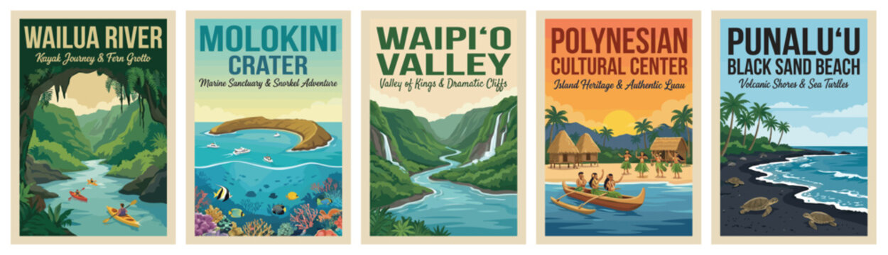 Vintage hawaii travel poster set. Including wailua river, molokini crater, waipio valley, polynesian cultural center, and punaluu beach. Retro vector illustration.