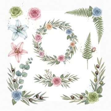 Watercolor floral wreath, sprigs, and individual flower set
