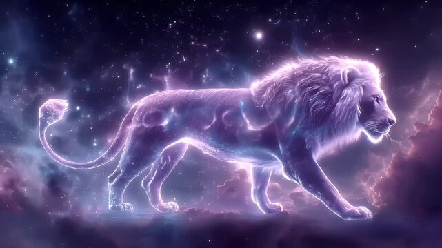 Space universe exploration, fantasy, mysterious. A vivid digital artwork depicts a majestic lion in a cosmic setting. The lion is depicted in a side profile, its mane flowing in the wind.