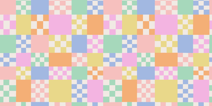 Colorful geometric mosaic seamless pattern. Vintage square patchwork background illustration. Creative pastel color grid shape wallpaper print.