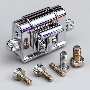 Assorted silver metal hardware parts and fasteners in a toolbox
