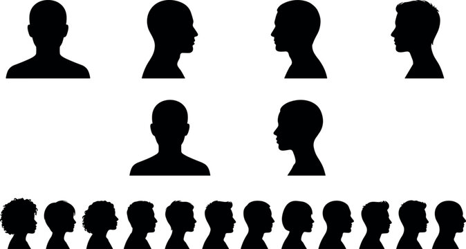 Set of human head silhouettes featuring male and female profile views and front face avatars for identity designSet of human