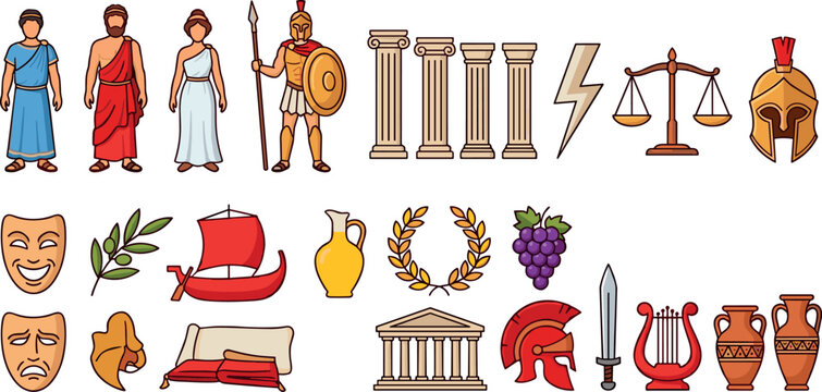 Ancient Greek Culture Vector Illustration Set Featuring Olympic Gods People Columns Temples Mythology Symbols And Historical Icons