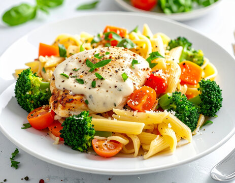 Chicken alfredo vegetable primavera with pasta, white plate. AI