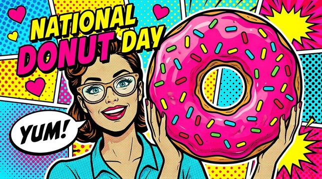 Woman celebrates National Donut Day with a giant pink frosted donut in a pop art style background