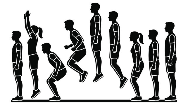 Sequence of silhouettes showing woman jumping from standing to crouching position then leaping up.