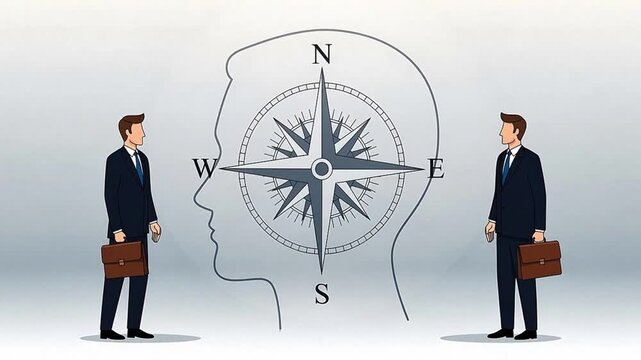 Businessmen Adjusting Compass Inside Human Head Silhouette 2D Animation Metaphor
