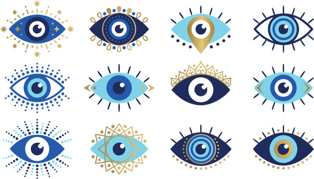 Blue And Gold Evil Eye Nazar Protection Amulet Vector Illustration Set Featuring Various Mystical Geometric And Ornate Spiritual Talisman Designs