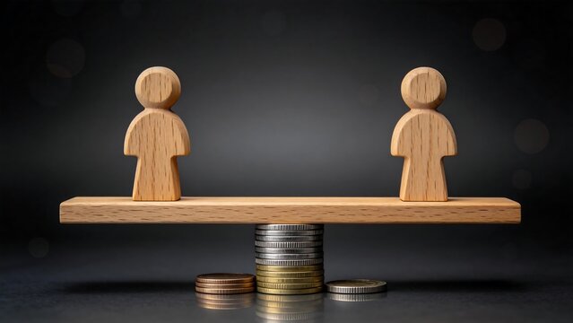 Wooden figures on balance scale with coins