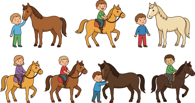 Cartoon Illustration Set of Happy Children Riding and Petting Brown and White Horses and Ponies Isolated on White Background