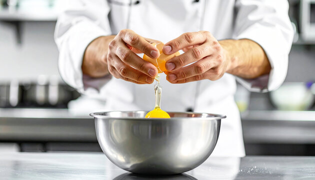 Hands cracking an egg into a mixing bowl in a kitchen. AI
