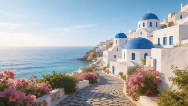 Coastal village with blue domes and cobblestone path