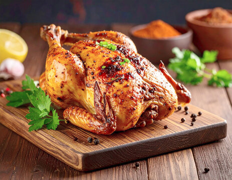 Turkey rubbed with a spice mix and roasted, wooden board, closeup. AI