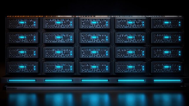 Array of Stacked Server Modules with Cool Blue Indicator Lights in a Data Center Rack