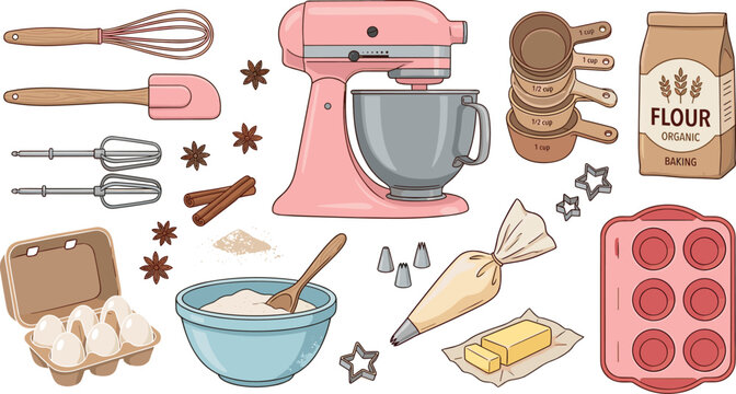 Cartoon Vector Illustration Collection of Professional Baking Equipment Including Pink Stand Mixer Flour Eggs and Measuring Cups Isolated on White