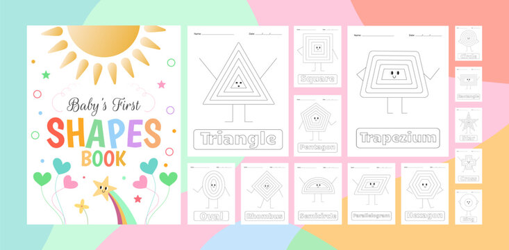 Baby's first shapes book cover and interior coloring pages educational geometric shape tracing worksheets for preschool and kindergarten kids