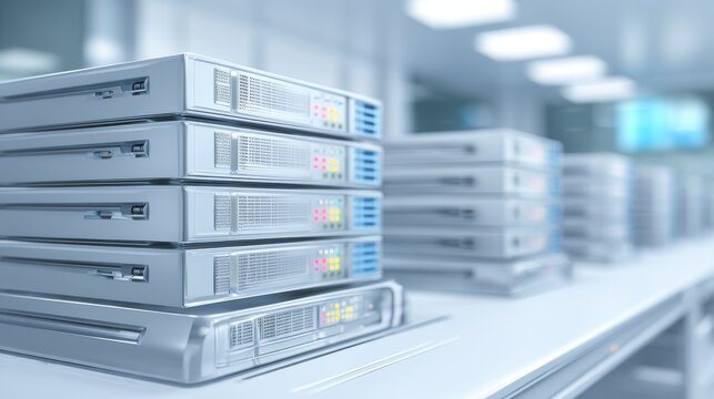 Array of stacked solid-state drives with subtle status lights in a technological setting