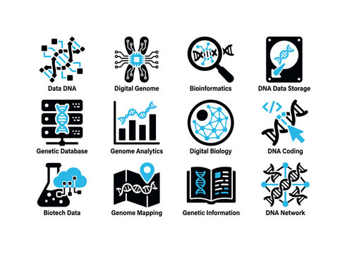 Collection of icons representing biotechnology and genetic data concepts