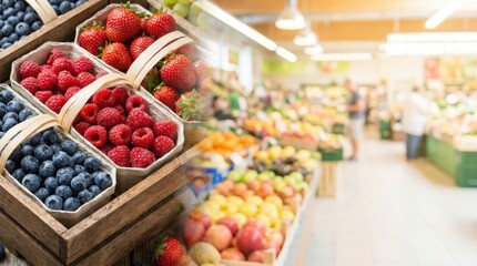Obraz premium Close up view of fresh strawberries raspberries and blueberries in wooden crates and grocery aisle with produce