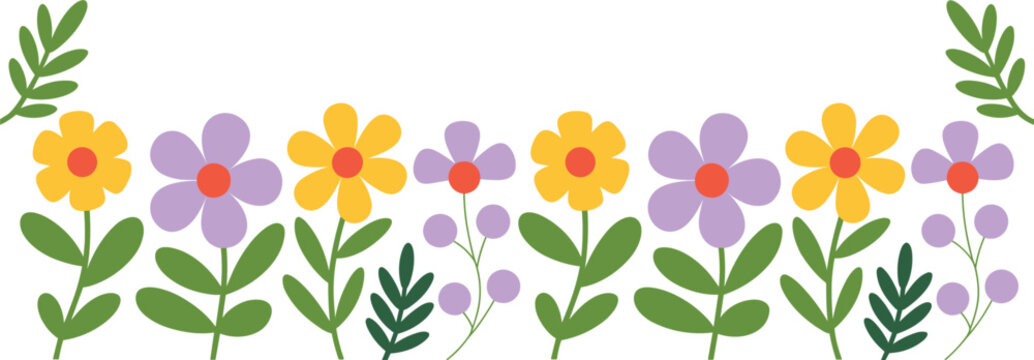 Colorful flat vector flower border with yellow and purple blossoms, spring nature floral horizontal frame