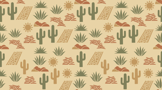 Desert landscape pattern with cacti, agave plants, sun and mountains