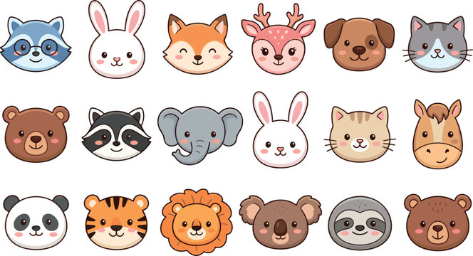 Adorable Cute Kawaii Animal Faces Vector Illustration Collection Set Including Lion Tiger Bear Rabbit Fox And Panda