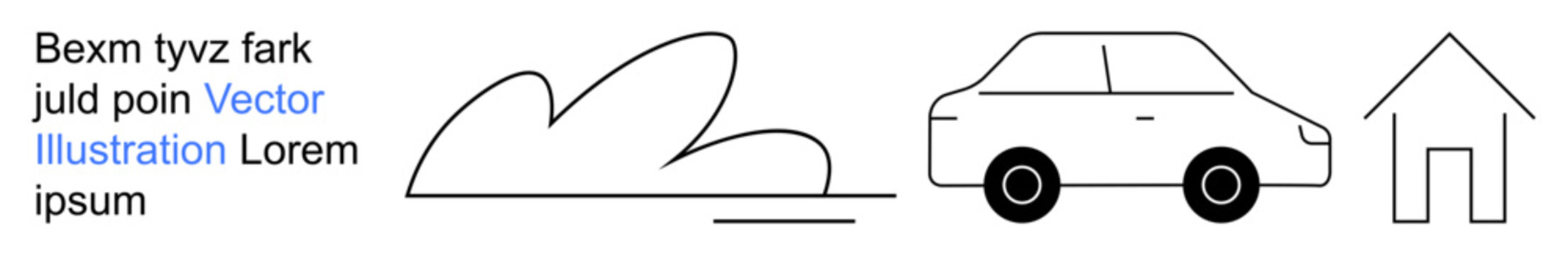 Transportation, real estate, weather, environmental , graphic design, and visual communication. Simple black and white icons including a car, house and cloud. Transportation and real estate icons