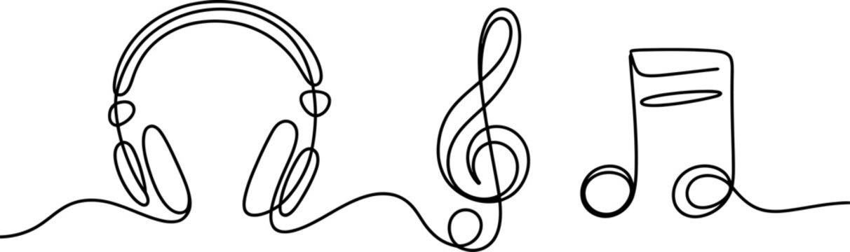Continuous single line drawing of headphones with treble clef and music note symbol representing melody sound entertainment and audio technology concept art