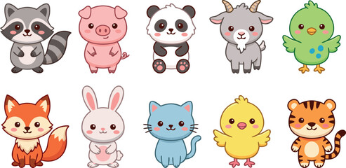 Obraz premium Adorable Cute Kawaii Baby Animal Characters Vector Collection Set Including Raccoon Pig Panda Goat Bird Fox Rabbit Cat Chick And Tiger
