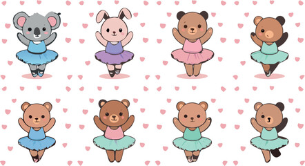 Fototapeta premium Adorable Cute Kawaii Ballet Animal Character Vector Collection Set Featuring Koala Rabbit And Bears Wearing Colorful Tutus And Pointe Shoes