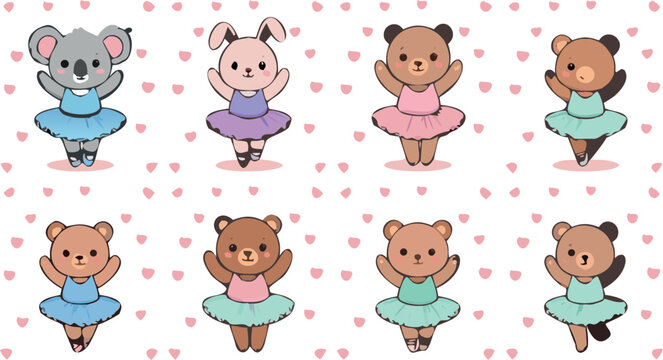 Adorable Cute Kawaii Ballet Animal Character Vector Collection Set Featuring Koala Rabbit And Bears Wearing Colorful Tutus And Pointe Shoes