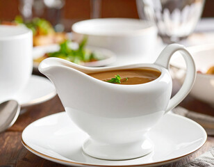 Fototapeta premium White China gravy boat on a dinner table, brown gravy, macro shot. AI