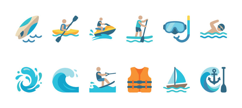 Collection of colorful flat vector icons representing various water sports and activities on a white background, perfect for design projects.