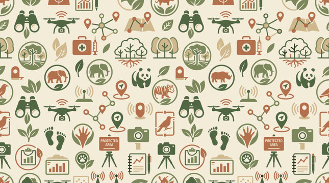 Endangered species monitoring icons and habitat protection symbols forming a continuous seamless pattern for ecological research