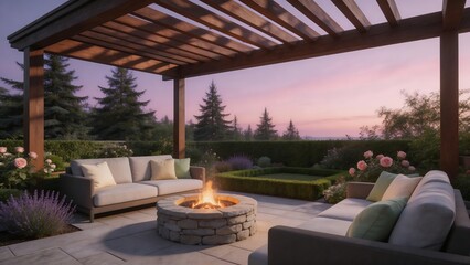 Fototapeta premium Outdoor patio with fire pit and seating