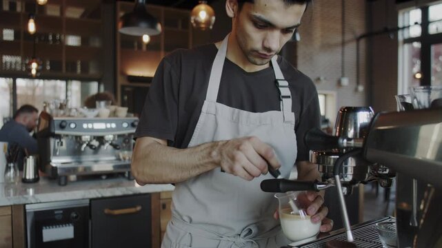 Male barista steaming milk in a glass pitcher at a coffee shop for a hot beverage. Creating espresso with frothed milk for latte art.