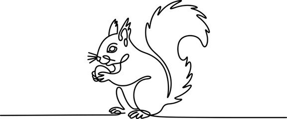 Continuous single line drawing of a cute squirrel eating a nut in a simple minimalist art style © Raj Creator