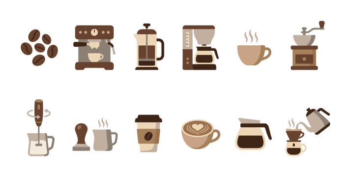 A collection of flat design icons representing coffee making equipment and beverages, ideal for cafes, menus, or branding.