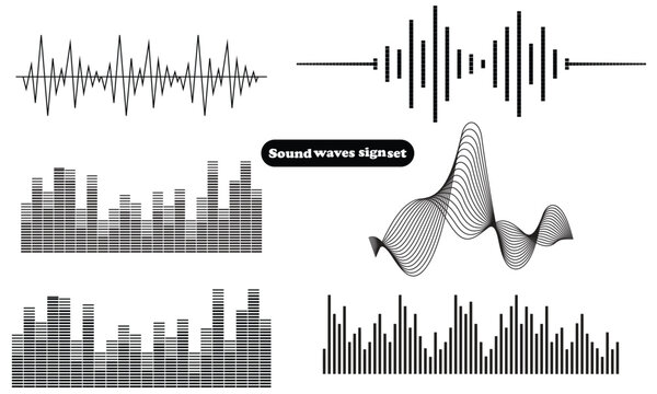 Sound wave set, Black sound waves and audio frequencies, Sound wave, audio wave icons, Set of radio wave icons, Sound wave icon thin line outline set