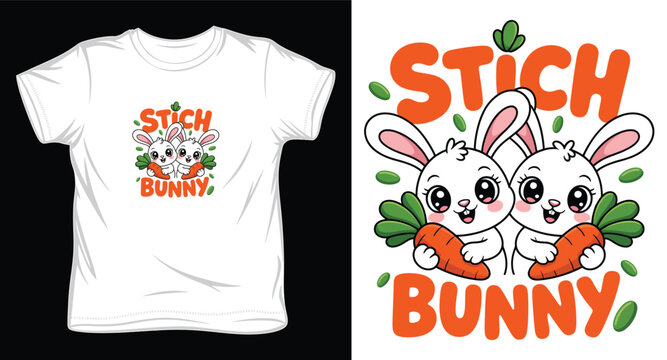 Cute stich bunny pair holding carrots illustration for children apparel and nursery room decoration.