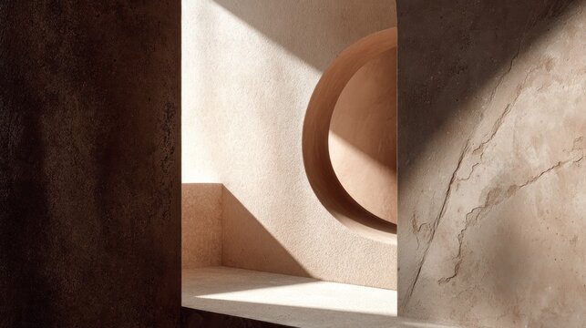 Architectural composition showcases contrasting textures and circular void illuminated by sharp daylight