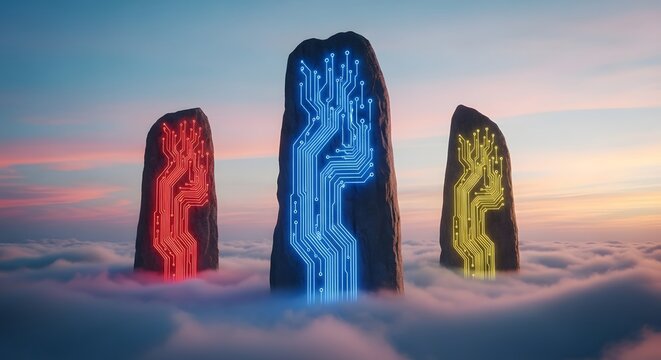 Ancient standing stones with glowing neon circuit patterns rise above a sea of clouds at sunset time
