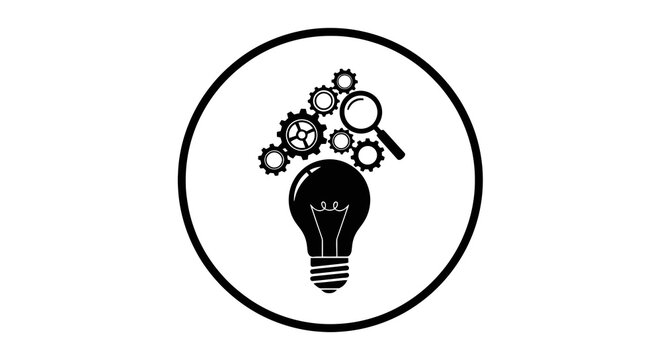 Black light bulb with gears and magnifying glass.