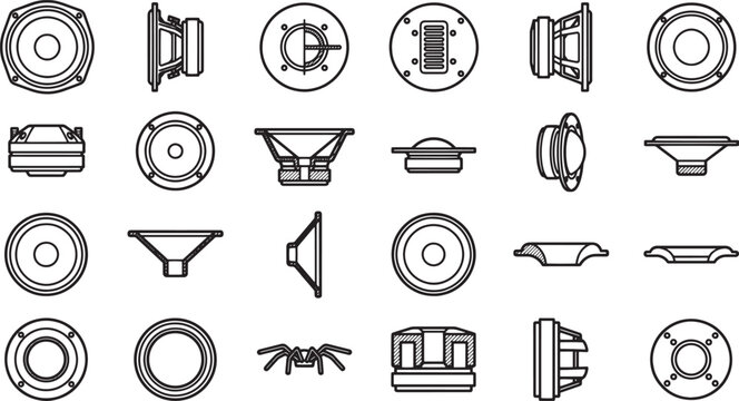 A comprehensive array of audio speaker parts are presented, a study in the elegant design and mechanical complexity of sound reproduction technology.