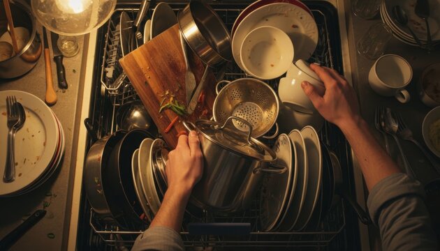 Hands loading mixed dirty dishes and pans into a full dishwasher during a busy evening at home