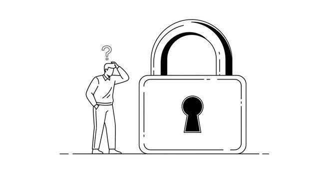 Confused man standing next to a large padlock, vector illustration of a person facing a security challenge or locked problem