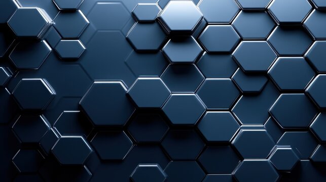 Hexagon pattern with glossy blue tiles, futuristic geometric background with clean structure and reflective surface