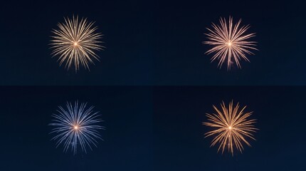 Fototapeta premium Four different colorful fireworks explosions against a dark night sky