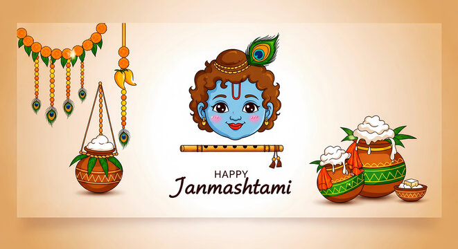 Happy Janmashtami Banner with Cute Baby Krishna Face and Dahi Handi