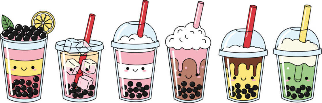 Cute Kawaii Bubble Tea Drinks Set with Boba Milk Tea Smoothies and Cartoon Cups Collection for Cafe and Beverage Designs